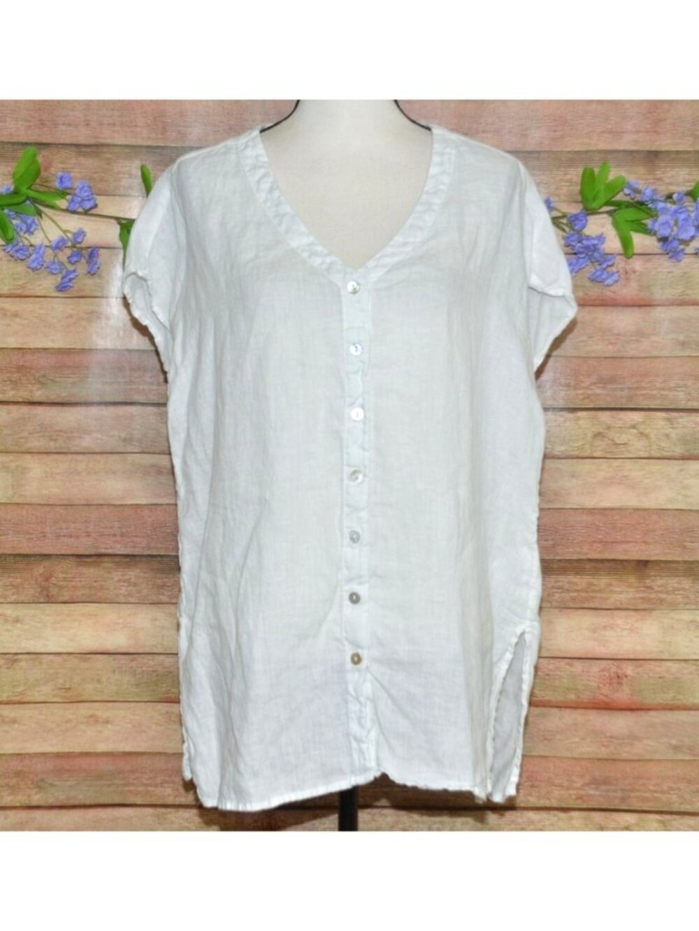 Jones & Co. White 100% Linen Button Front Tunic Top Size L Cap Sleeve Coastal